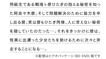 同級生である戦場ヶ原ひたぎの抱える秘密を知った阿良々木暦。そして問題解決のために協力を申し出る暦。実は暦もひたぎ同様、人に言えない秘密を隠していたのだった…。それをきっかけに暦は、怪異に出遭った少女たちを助けるために次々と奔走することになる…。※配信はビデオパッケージ(BD・DVD)版です